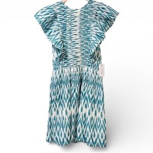 NWT Saylor Azalea Ikat Ruffle Boho 100% Cotton Short Dress S Capri Blue Tie Back